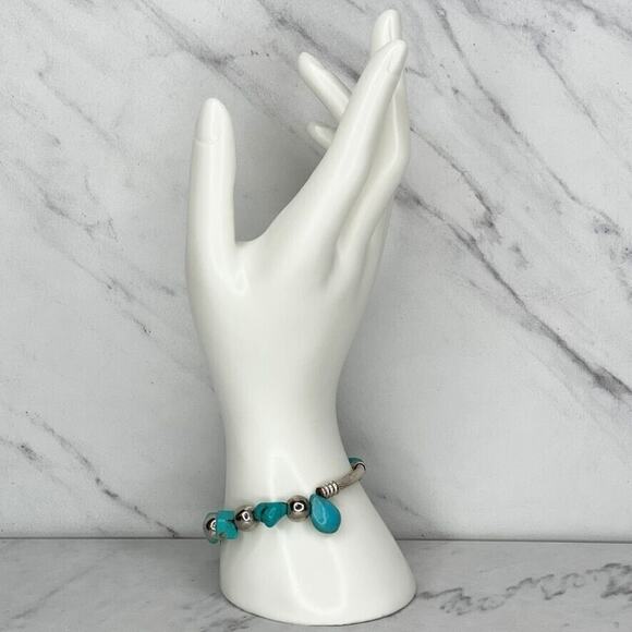 Faux Turquoise and Silver Tone Beaded Stretch Bracelet - Picture 2 of 6